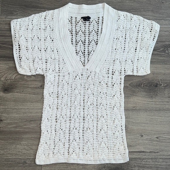 THEORY Crochet Open Knit Top Medium Unlined White Coastal Resortwear Bohemian - Picture 1 of 10